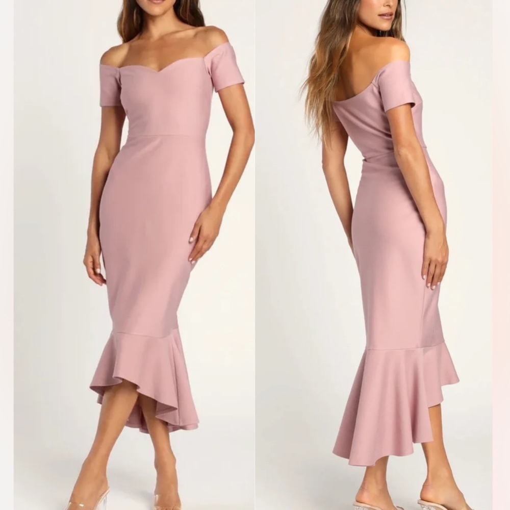 Lulus How Much I Care Off-the-Shoulder Midi Dress in Pink Mauve